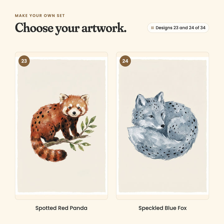 Designs 23 and 24 of 34: Spotted Red Panda, a red panda on a leafy branch, and Speckled Blue Fox, a grey-blue fox curled up