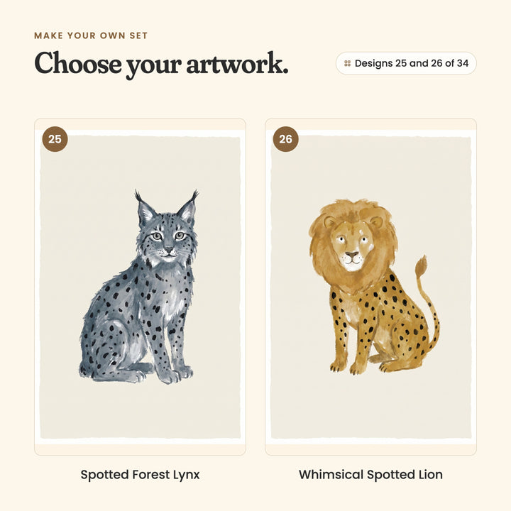 Designs 25 and 26 of 34: Spotted Forest Lynx, a grey-blue lynx sitting, and Whimsical Spotted Lion, a mustard lion sitting