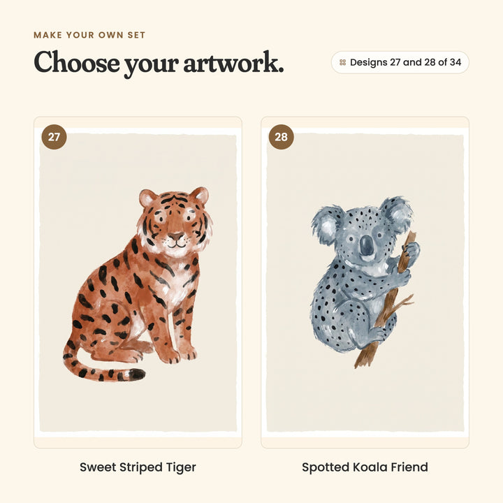 Designs 27 and 28 of 34: Sweet Striped Tiger, an orange tiger sitting, and Spotted Koala Friend, a grey-blue koala clinging to a branch