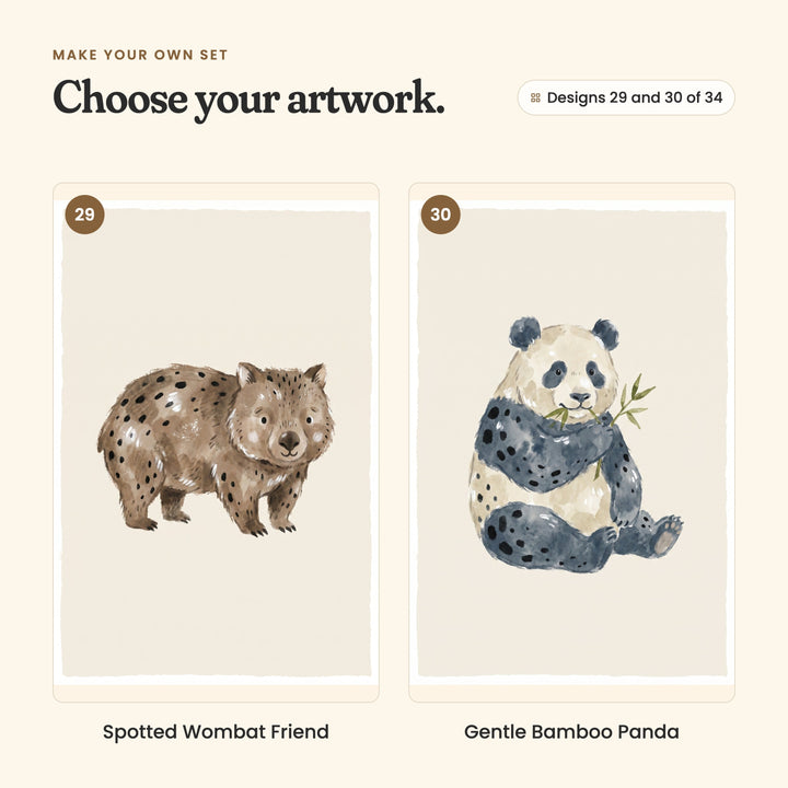 Designs 29 and 30 of 34: Spotted Wombat Friend, a brown wombat, and Gentle Bamboo Panda, a panda sitting with a bamboo stem