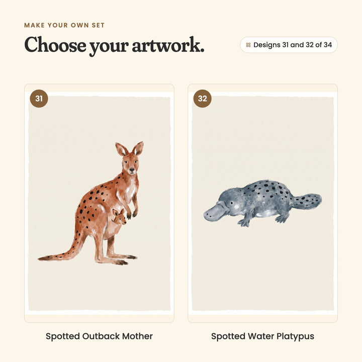 Designs 31 and 32 of 34: Spotted Outback Mother, a rust kangaroo with a joey in her pouch, and Spotted Water Platypus, a grey-blue platypus