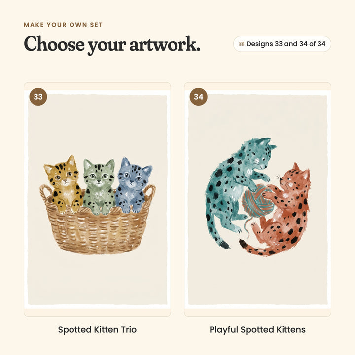 Designs 33 and 34 of 34: Spotted Kitten Trio, three kittens in a woven basket in mustard, sage and blue-grey, and Playful Spotted Kittens, a teal kitten and a rust kitten playing with a ball of yarn