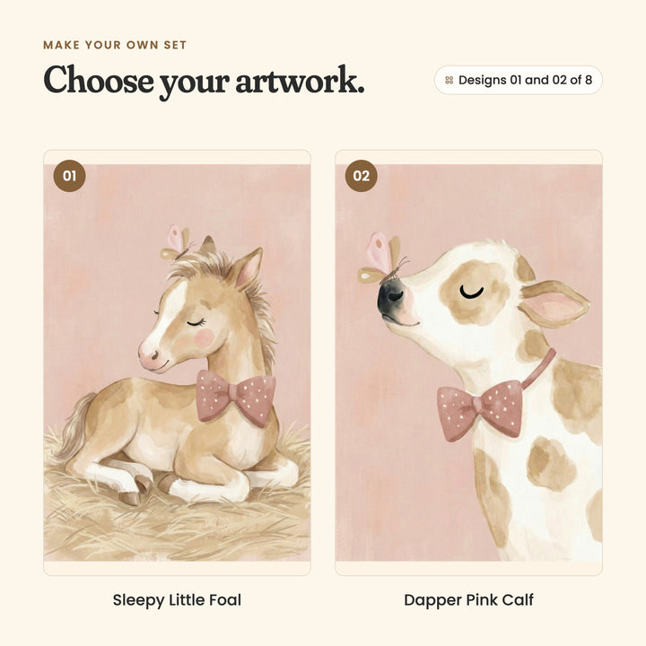 Designs 01 and 02 of 8: Sleepy Little Foal, a tan foal resting in the hay with its eyes closed, and Dapper Pink Calf, a brown and white calf lifting its nose to a butterfly