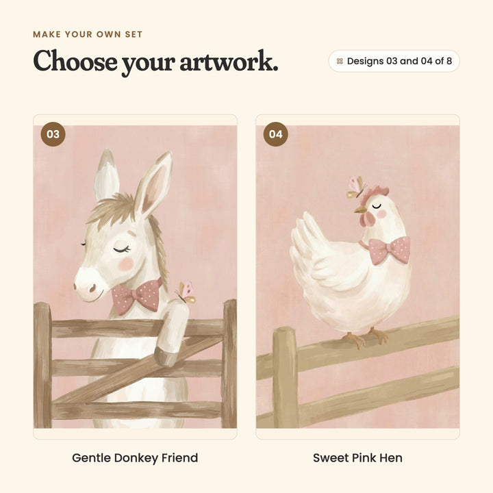Designs 03 and 04 of 8: Gentle Donkey Friend, a grey donkey resting its hoof on a wooden gate, and Sweet Pink Hen, a white hen perched on a wooden fence