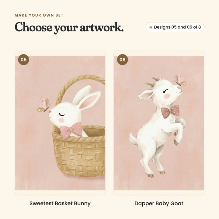 Designs 05 and 06 of 8: Sweetest Basket Bunny, a white bunny peeking out of a woven basket, and Dapper Baby Goat, a white baby goat hopping up on its back legs