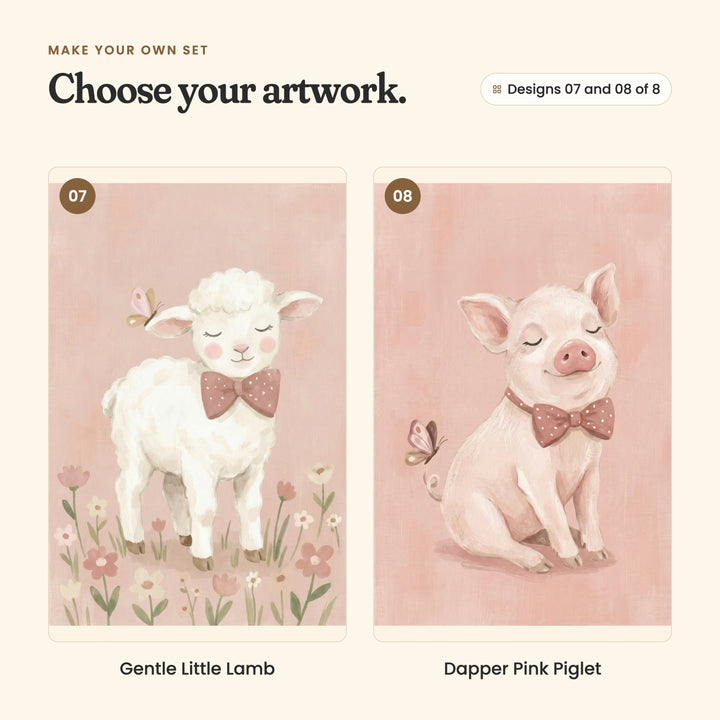 Designs 07 and 08 of 8: Gentle Little Lamb, a fluffy white lamb standing among pink wildflowers, and Dapper Pink Piglet, a pink piglet sitting with a happy smile