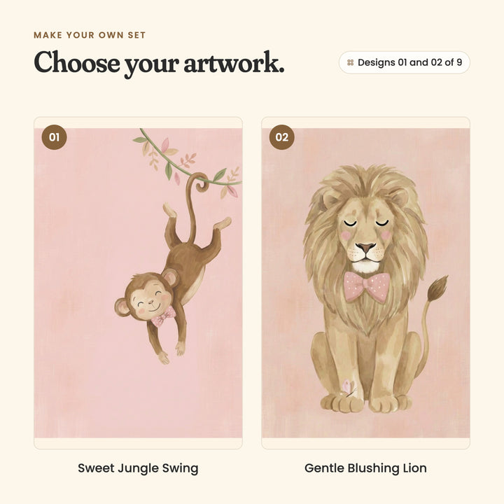 Designs 01 and 02 of 9: Sweet Jungle Swing, a smiling monkey in a polka-dot bow tie hanging by its tail from a leafy vine, and Gentle Blushing Lion, a lion in a bow tie sitting with its eyes closed and a butterfly at its paw