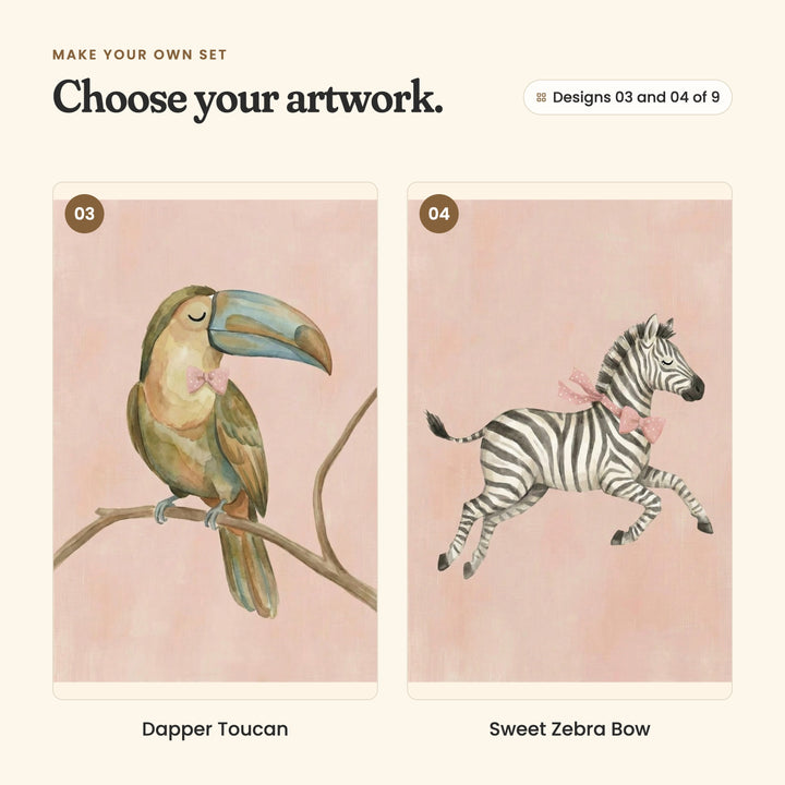 Designs 03 and 04 of 9: Dapper Toucan, a toucan in a bow tie perched on a branch, and Sweet Zebra Bow, a leaping zebra with a polka-dot ribbon bow at its neck