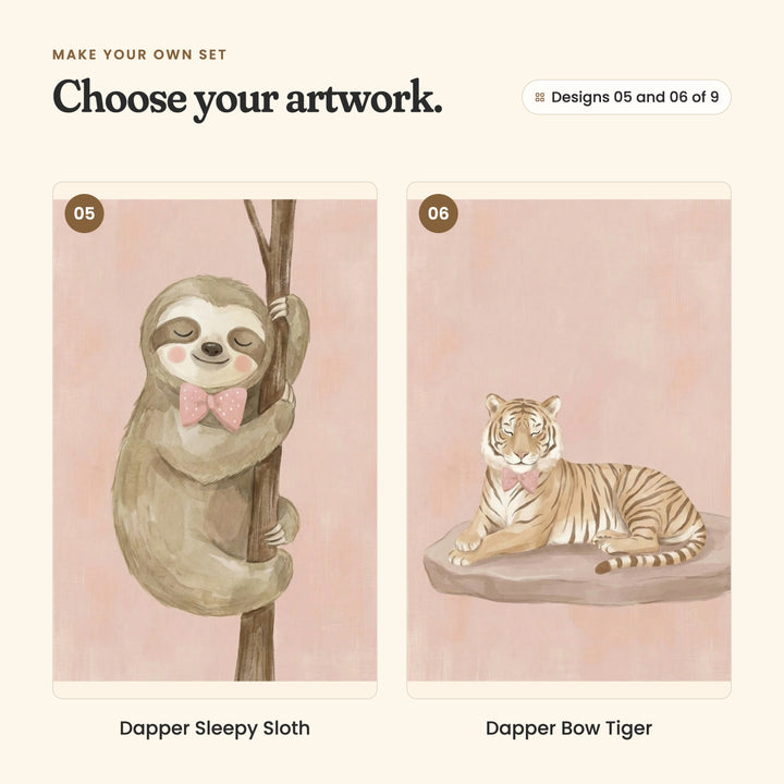 Designs 05 and 06 of 9: Dapper Sleepy Sloth, a sloth in a bow tie hugging a branch, and Dapper Bow Tiger, a tiger in a bow tie lying on a flat rock