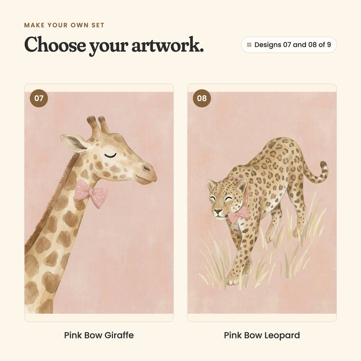 Designs 07 and 08 of 9: Pink Bow Giraffe, a giraffe's head and long neck with a bow tie, and Pink Bow Leopard, a leopard walking through tall grass with a bow at its neck
