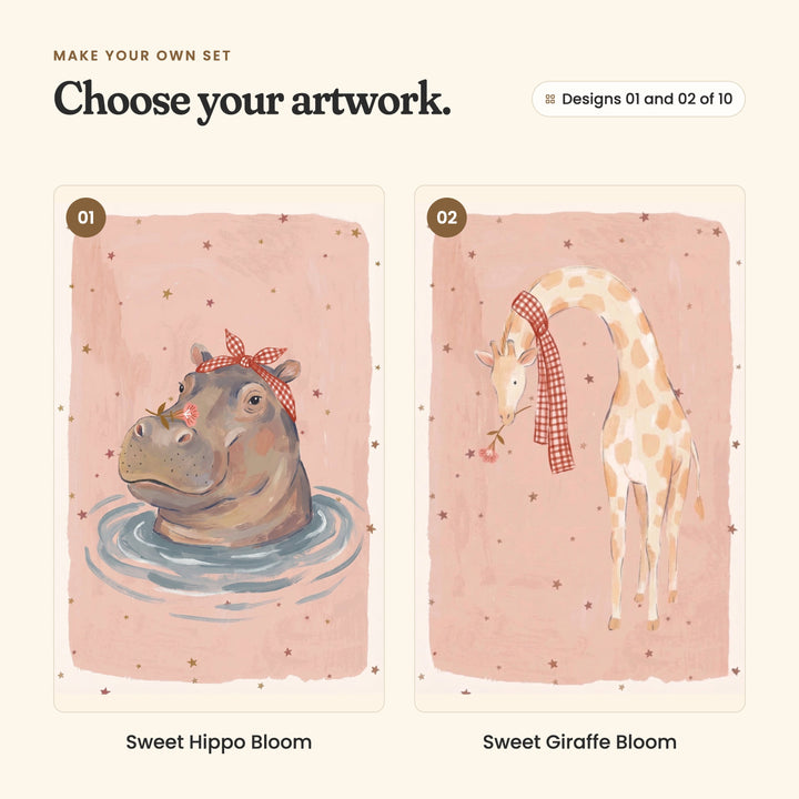 Designs 01 and 02 of 10: Sweet Hippo Bloom, a hippo in a gingham headband peeking out of a pool with a flower, and Sweet Giraffe Bloom, a giraffe in a long gingham scarf bending down with a flower