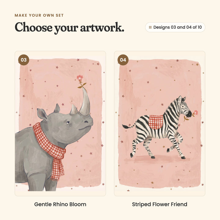 Designs 03 and 04 of 10: Gentle Rhino Bloom, a grey rhino in a gingham scarf with a flower on its horn, and Striped Flower Friend, a zebra with a gingham blanket on its back trotting with a flower in its mouth