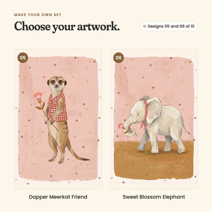 Designs 05 and 06 of 10: Dapper Meerkat Friend, a meerkat in a gingham vest standing tall with a pink flower, and Sweet Blossom Elephant, a baby elephant in a gingham scarf holding a flower in its trunk