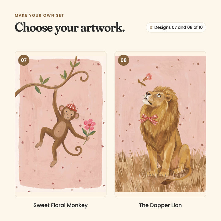 Designs 07 and 08 of 10: Sweet Floral Monkey, a monkey in a gingham cap swinging from a vine with a pink flower, and The Dapper Lion, a lion in a gingham bow tie sitting in golden grass