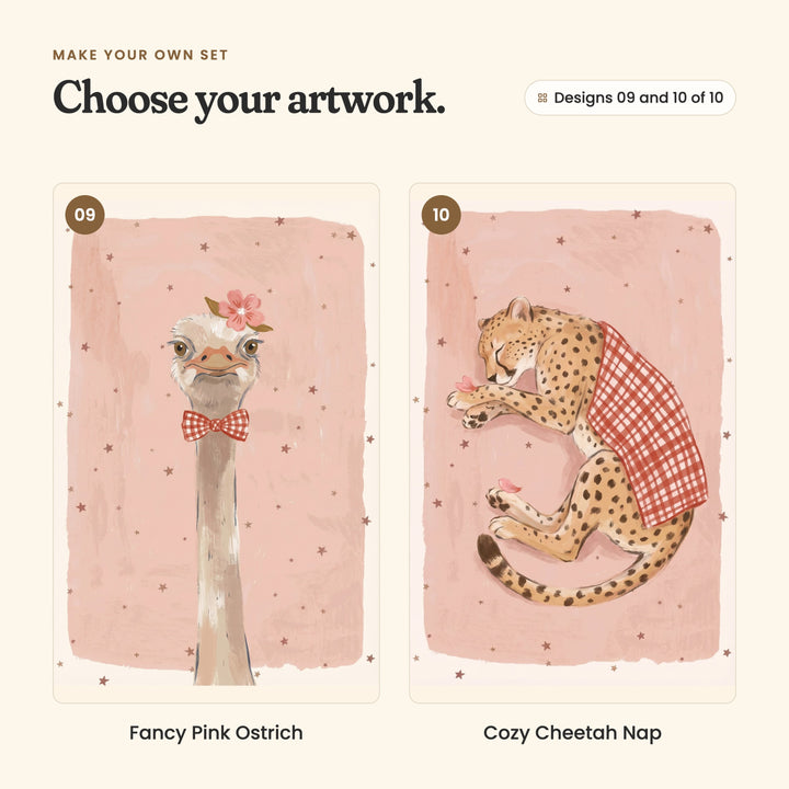 Designs 09 and 10 of 10: Fancy Pink Ostrich, an ostrich in a gingham bow tie with a pink flower on its head, and Cozy Cheetah Nap, a cheetah curled up asleep under a gingham blanket