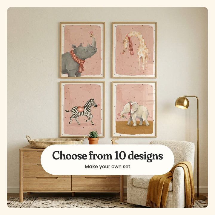 Nursery with four safari animal prints in light wood frames in two rows above a light wood dresser with a woven basket and a small plant, beside a brass floor lamp and an armchair with a mustard throw: Gentle Rhino Bloom, Sweet Giraffe Bloom, Striped Flower Friend and Sweet Blossom Elephant, labeled Choose from 10 designs, Make your own set