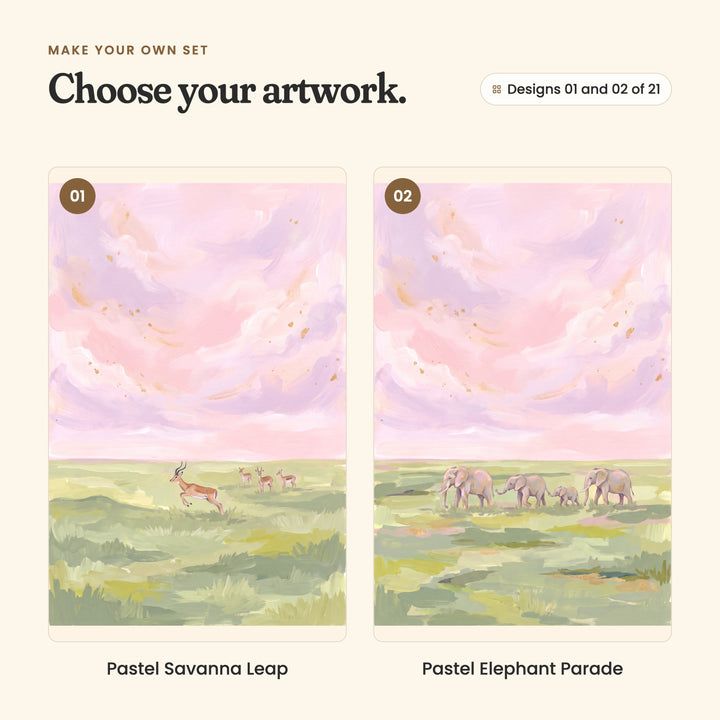 Designs 01 and 02 of 21: Pastel Savanna Leap, an antelope leaping past three others, and Pastel Elephant Parade, an elephant family with a baby walking in a line