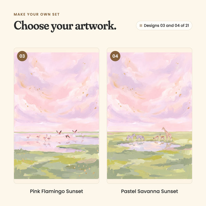 Designs 03 and 04 of 21: Pink Flamingo Sunset, flamingos wading and flying over a pink lake, and Pastel Savanna Sunset, zebras, antelope and a giraffe at a waterhole