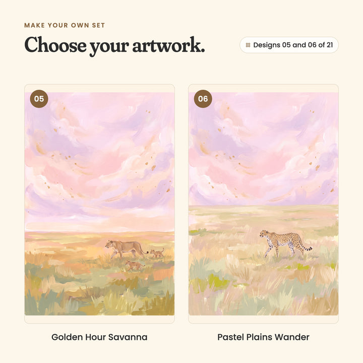 Designs 05 and 06 of 21: Golden Hour Savanna, a lioness walking with two cubs through golden grass, and Pastel Plains Wander, a cheetah walking through pale golden grass