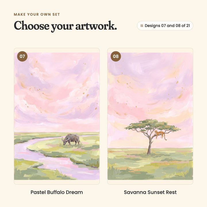 Designs 07 and 08 of 21: Pastel Buffalo Dream, a buffalo grazing by a lilac river, and Savanna Sunset Rest, a leopard lounging in an acacia tree