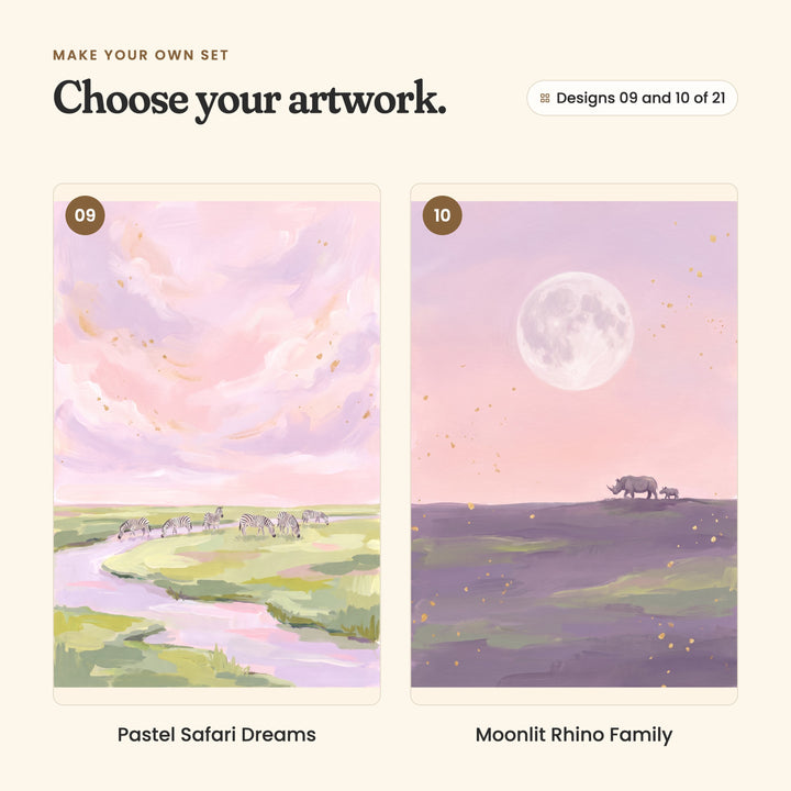 Designs 09 and 10 of 21: Pastel Safari Dreams, a herd of zebras grazing along a river, and Moonlit Rhino Family, a rhino and calf walking under a big full moon on a purple plain