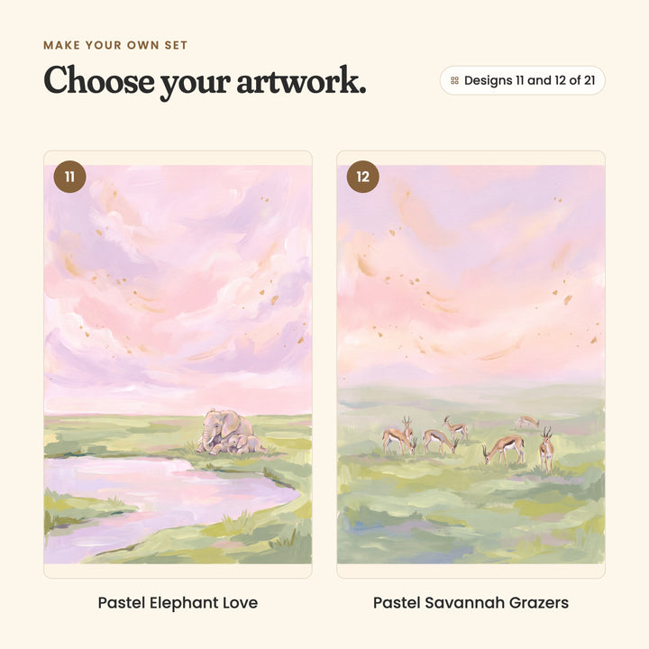 Designs 11 and 12 of 21: Pastel Elephant Love, a mother elephant lying with her calf by a river, and Pastel Savannah Grazers, a small herd of antelope grazing