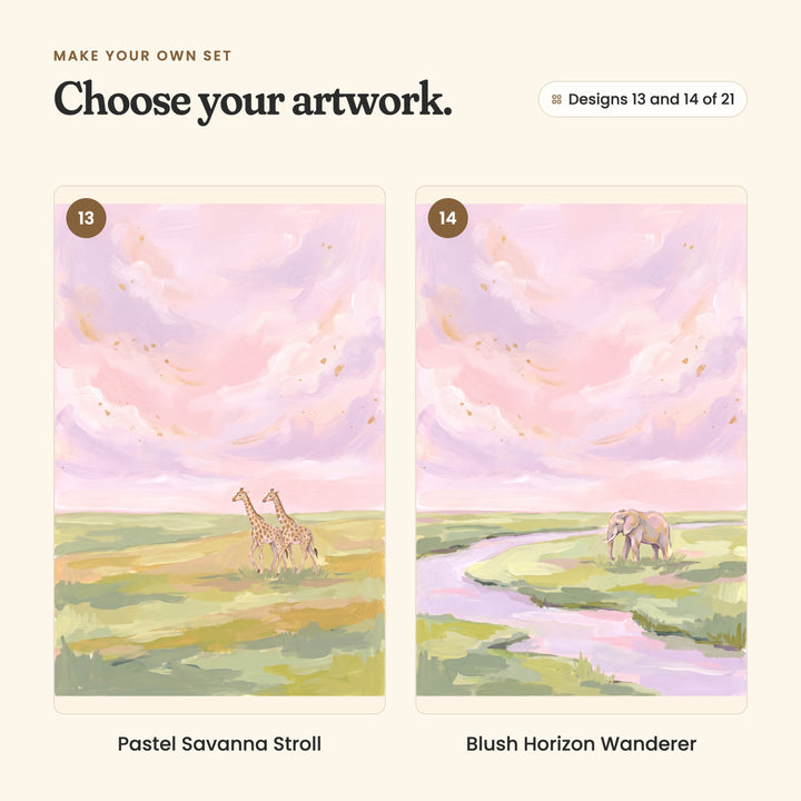 Designs 13 and 14 of 21: Pastel Savanna Stroll, two giraffes walking side by side, and Blush Horizon Wanderer, an elephant standing by a lilac river