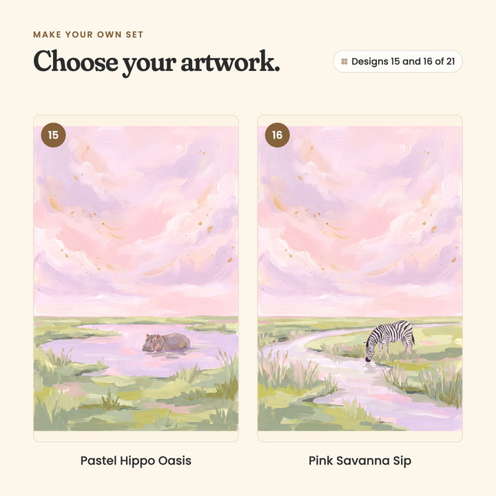 Designs 15 and 16 of 21: Pastel Hippo Oasis, a hippo resting in a pink pool, and Pink Savanna Sip, a zebra drinking from a stream