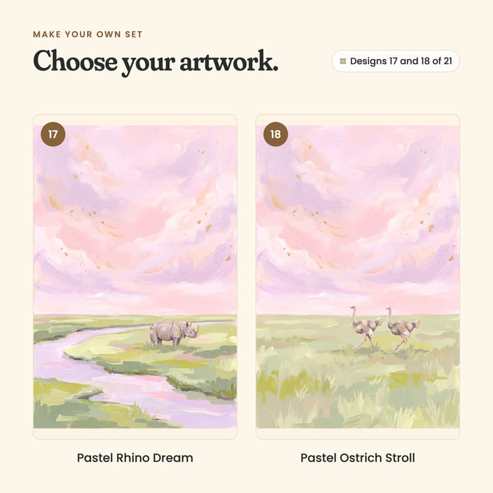 Designs 17 and 18 of 21: Pastel Rhino Dream, a rhino standing by a lilac river, and Pastel Ostrich Stroll, two ostriches walking through the grass