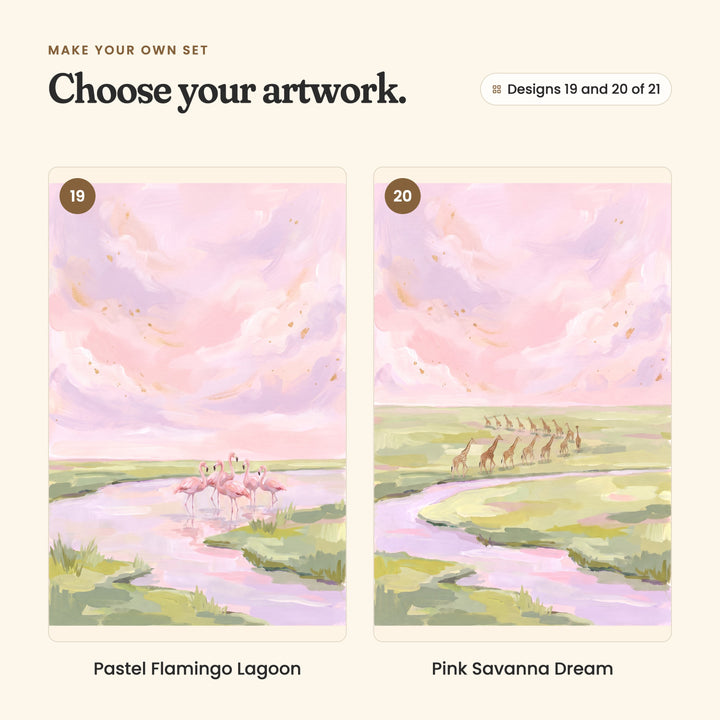 Designs 19 and 20 of 21: Pastel Flamingo Lagoon, flamingos wading in a lilac river, and Pink Savanna Dream, a long line of giraffes walking by a river