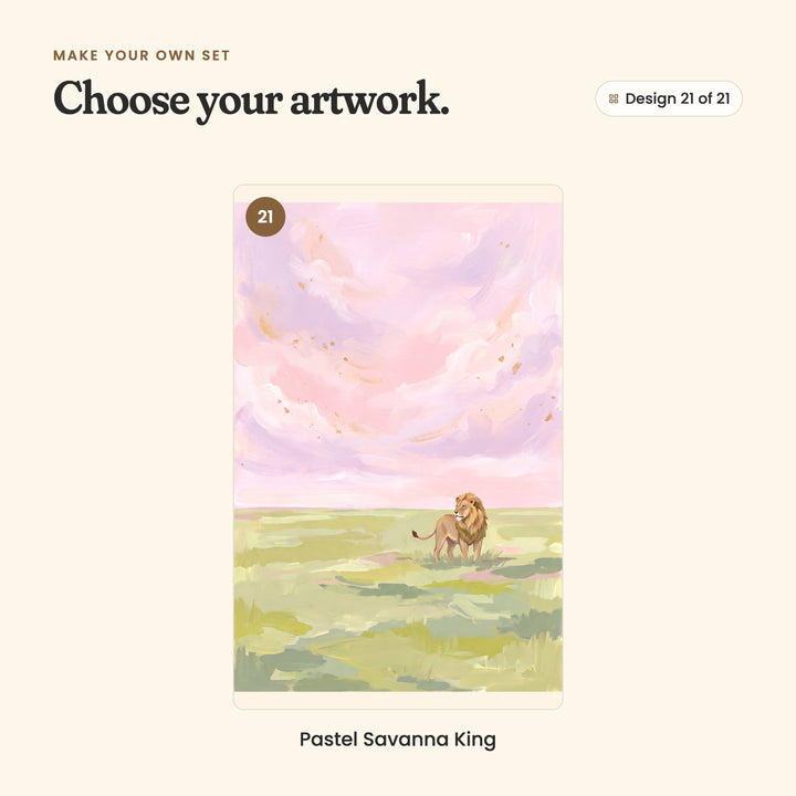 Design 21 of 21: Pastel Savanna King, a lion with a full mane standing in the grass