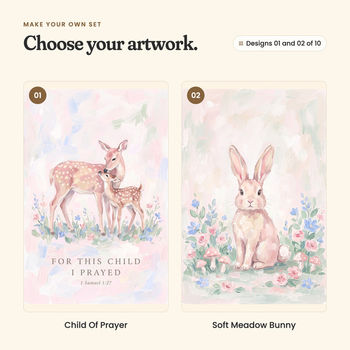 Designs 01 and 02 of 10: Child Of Prayer, a doe nuzzling her fawn among flowers above the verse For this child I prayed, 1 Samuel 1:27, and Soft Meadow Bunny, a bunny sitting among blue flowers, roses and little mushrooms