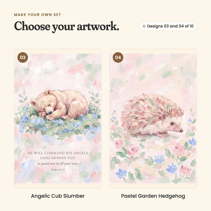 Designs 03 and 04 of 10: Angelic Cub Slumber, a bear cub asleep on blue flowers above the verse He will command his angels concerning you to guard you in all your ways, Psalm 91:11, and Pastel Garden Hedgehog, a hedgehog among pink roses and blue flowers