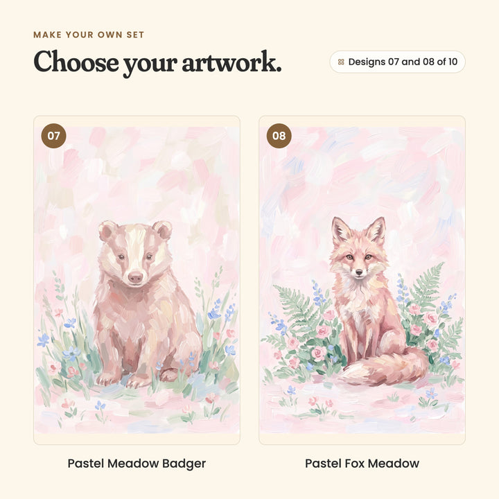 Designs 07 and 08 of 10: Pastel Meadow Badger, a badger sitting among wildflowers, and Pastel Fox Meadow, a fox sitting among ferns and roses