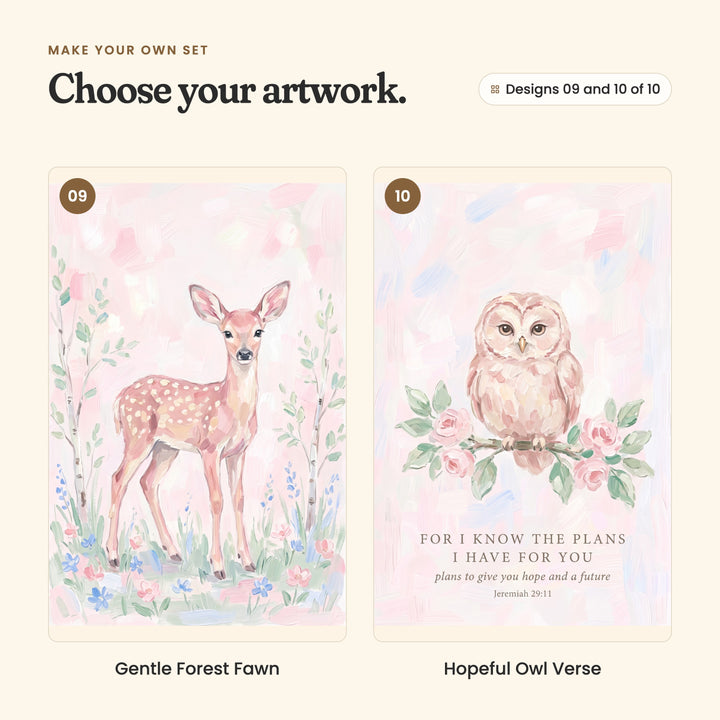 Designs 09 and 10 of 10: Gentle Forest Fawn, a spotted fawn standing between young birch trees, and Hopeful Owl Verse, an owl on a rose branch above the verse For I know the plans I have for you, plans to give you hope and a future, Jeremiah 29:11