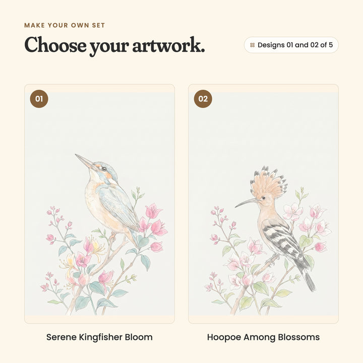 Designs 01 and 02 of 5: Serene Kingfisher Bloom, a kingfisher perched on a branch of pink blossoms, and Hoopoe Among Blossoms, a hoopoe with its crest raised among pink blossoms