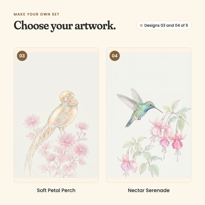 Designs 03 and 04 of 5: Soft Petal Perch, a pale golden pheasant with a long tail above pink chrysanthemums, and Nectar Serenade, a green hummingbird hovering by pink fuchsia flowers