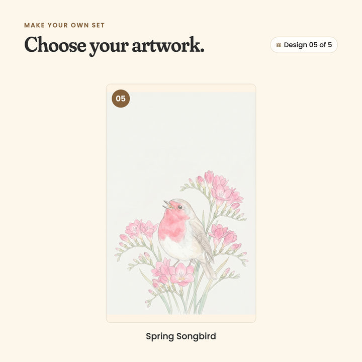 Design 05 of 5: Spring Songbird, a robin singing among pink freesias