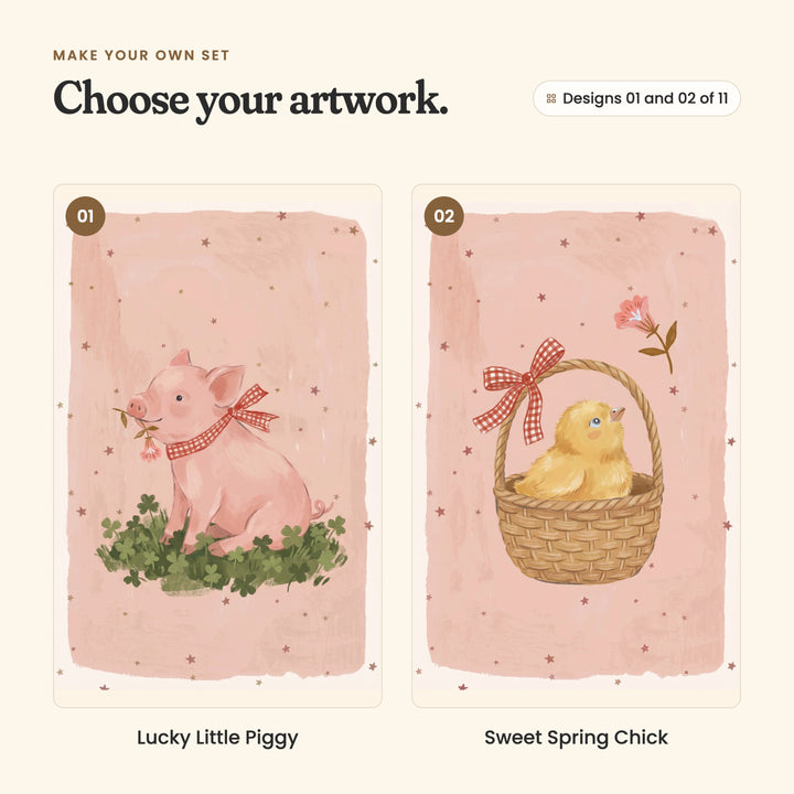 Designs 01 and 02 of 11: Lucky Little Piggy, a pink piglet with a gingham bow sitting in clover, and Sweet Spring Chick, a yellow chick in a woven basket tied with a gingham bow