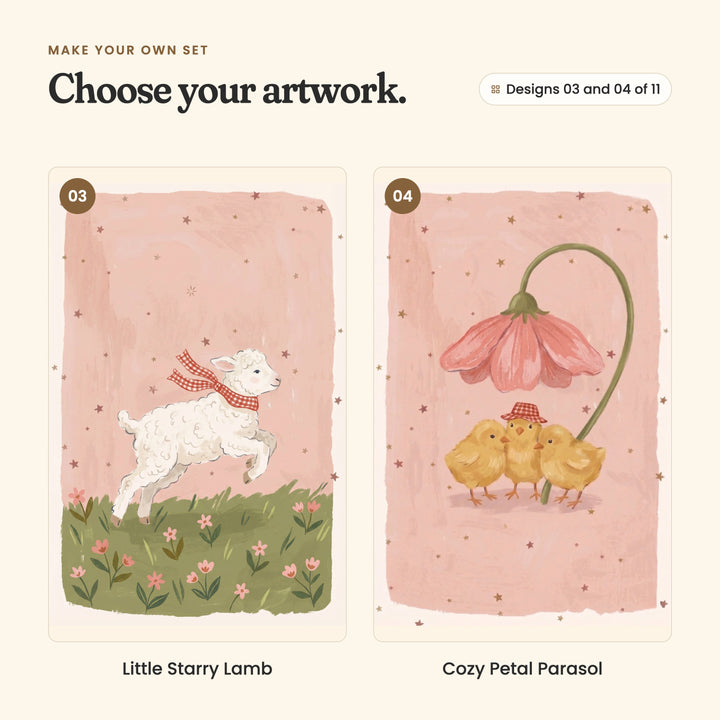 Designs 03 and 04 of 11: Little Starry Lamb, a lamb with a gingham bow leaping over a flowery meadow, and Cozy Petal Parasol, three yellow chicks sheltering under a big pink flower