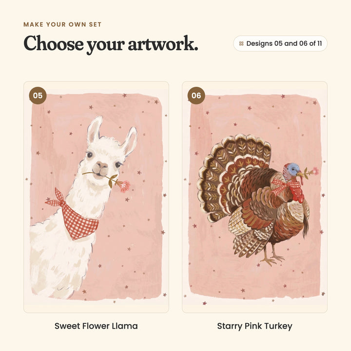 Designs 05 and 06 of 11: Sweet Flower Llama, a white llama in a gingham scarf with a flower in its mouth, and Starry Pink Turkey, a turkey with its tail fanned out and a little flower in its beak