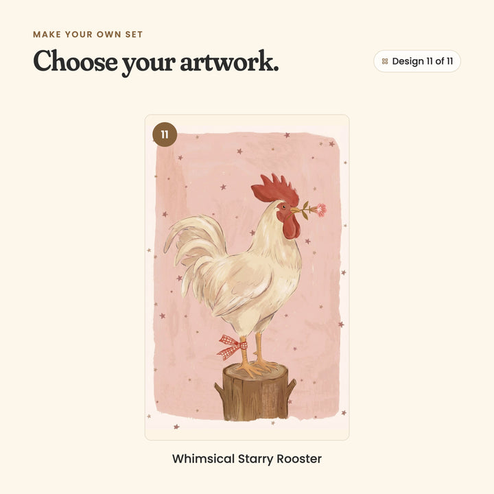 Design 11 of 11: Whimsical Starry Rooster, a cream rooster on a tree stump with a flower in its beak