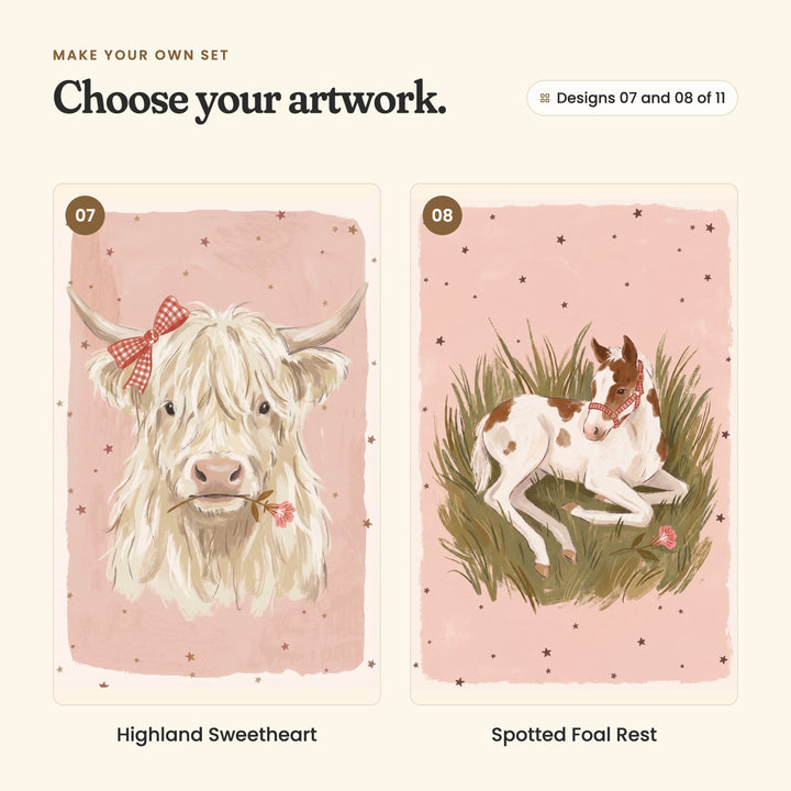 Designs 07 and 08 of 11: Highland Sweetheart, a shaggy cream highland cow with long horns, a gingham bow and a flower in its mouth, and Spotted Foal Rest, a brown and white foal in a gingham halter resting in the grass