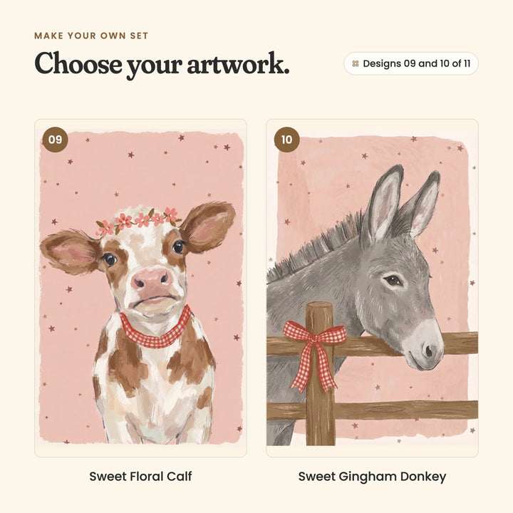 Designs 09 and 10 of 11: Sweet Floral Calf, a brown and white calf with a flower crown and a gingham collar, and Sweet Gingham Donkey, a grey donkey leaning on a wooden fence tied with a gingham bow