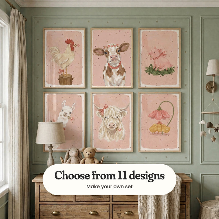 Sage green panelled nursery dotted with stars, with six farm animal prints in light wood frames in two rows above a wood dresser with a lamp, a plush bunny and a teddy bear, beside a wall lamp and a mobile: Whimsical Starry Rooster, Sweet Floral Calf, Lucky Little Piggy, Sweet Flower Llama, Highland Sweetheart and Cozy Petal Parasol, with a label reading Choose from 11 designs, Make your own set