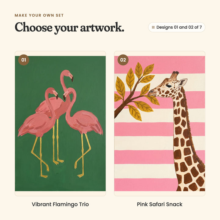 Designs 01 and 02 of 7: Vibrant Flamingo Trio, three pink flamingos with golden legs on deep green, and Pink Safari Snack, a giraffe nibbling golden leaves against pink and cream stripes