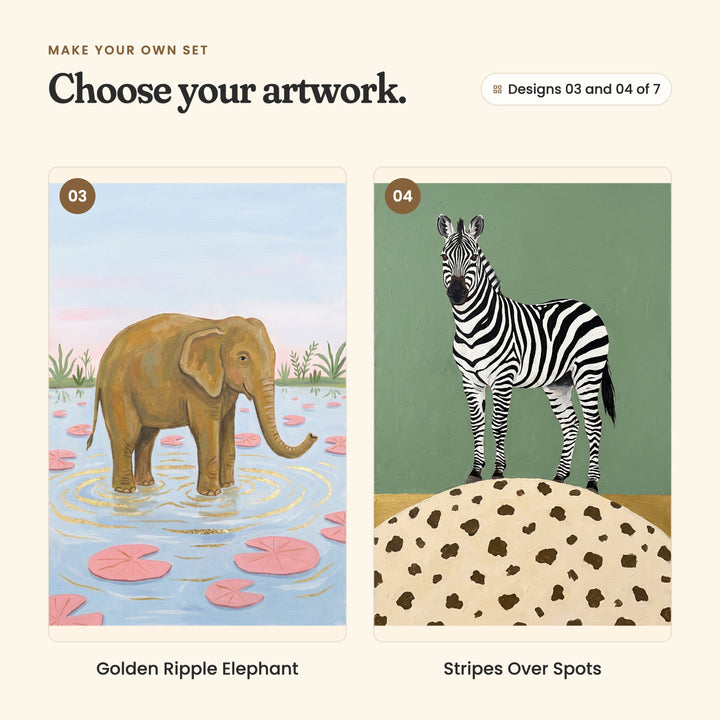 Designs 03 and 04 of 7: Golden Ripple Elephant, an elephant standing in a pale blue pond with pink lily pads, and Stripes Over Spots, a zebra standing on a spotted cream mound against sage green