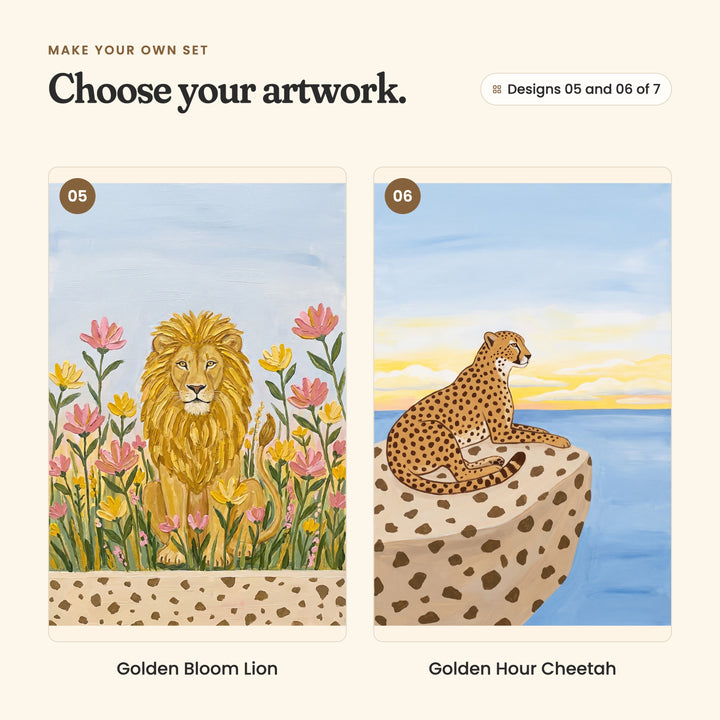 Designs 05 and 06 of 7: Golden Bloom Lion, a golden lion sitting among pink and yellow flowers, and Golden Hour Cheetah, a cheetah resting on a spotted rock above a blue sea at sunrise