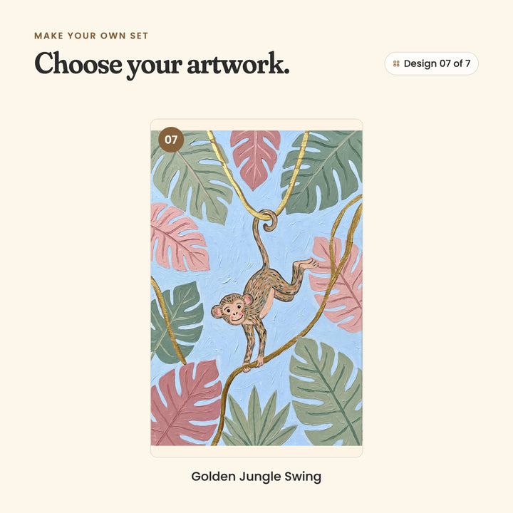 Design 07 of 7: Golden Jungle Swing, a smiling monkey swinging on golden vines among pink and green leaves