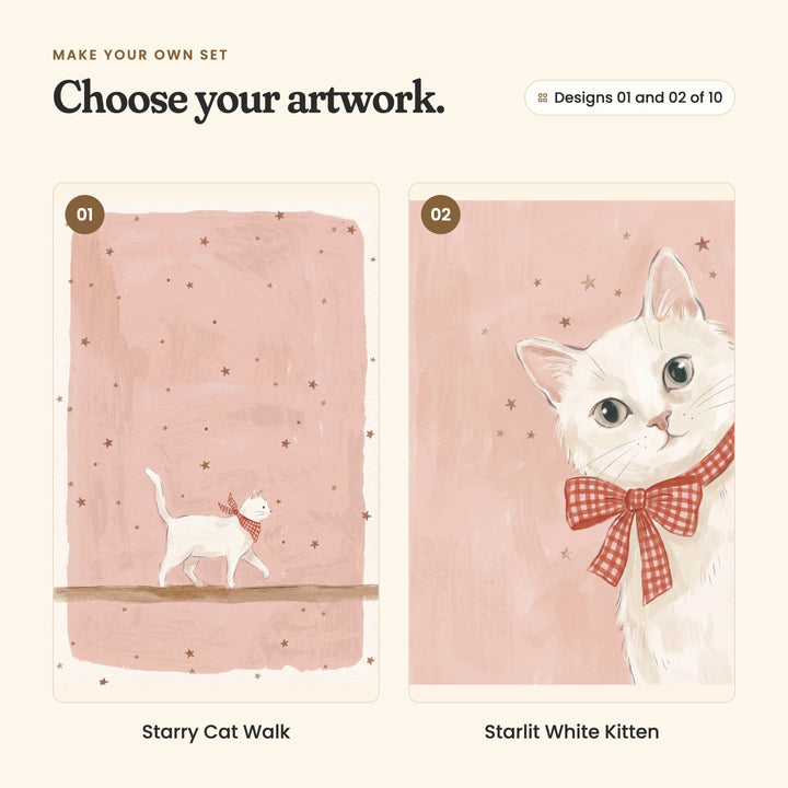Designs 01 and 02 of 10: Starry Cat Walk, a white cat in a gingham bandana walking along a ledge, and Starlit White Kitten, a white kitten in a red gingham bow peeking in from the side